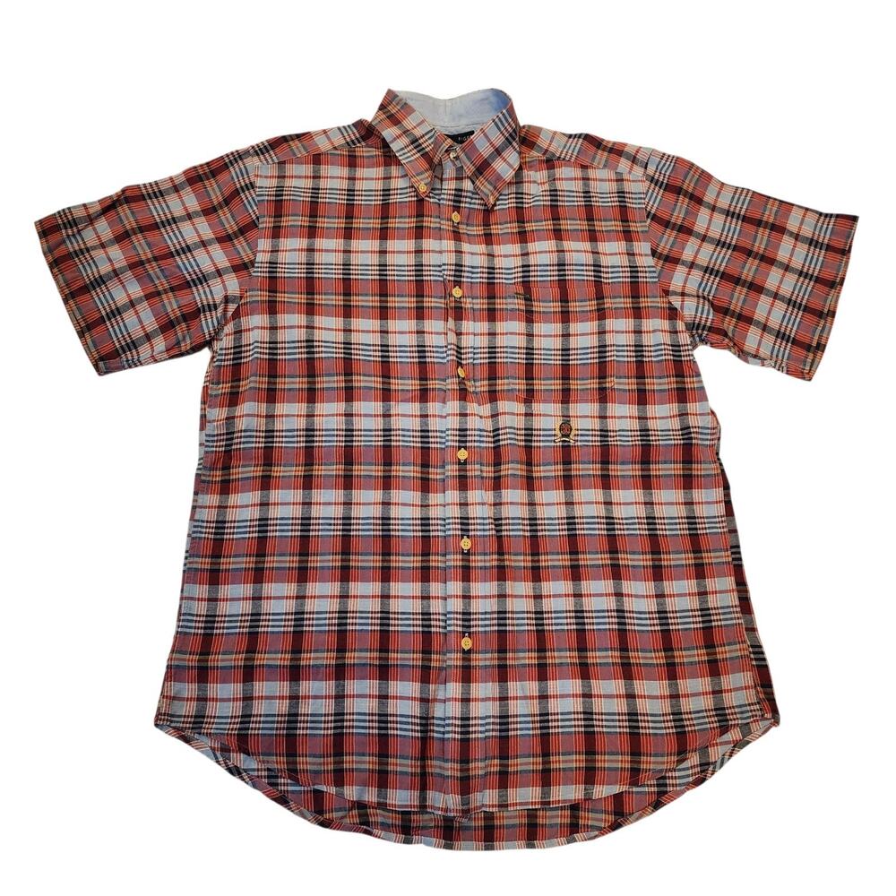 Tommy Hilfiger Mens Shirt Size M Red Blue Plaid Short Sleeve Button Down